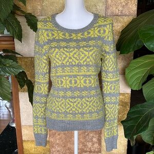Theory Women’s 100% Wool Crew-Neck Grey/Yellow Fair Isle Knitted Rib Sweater